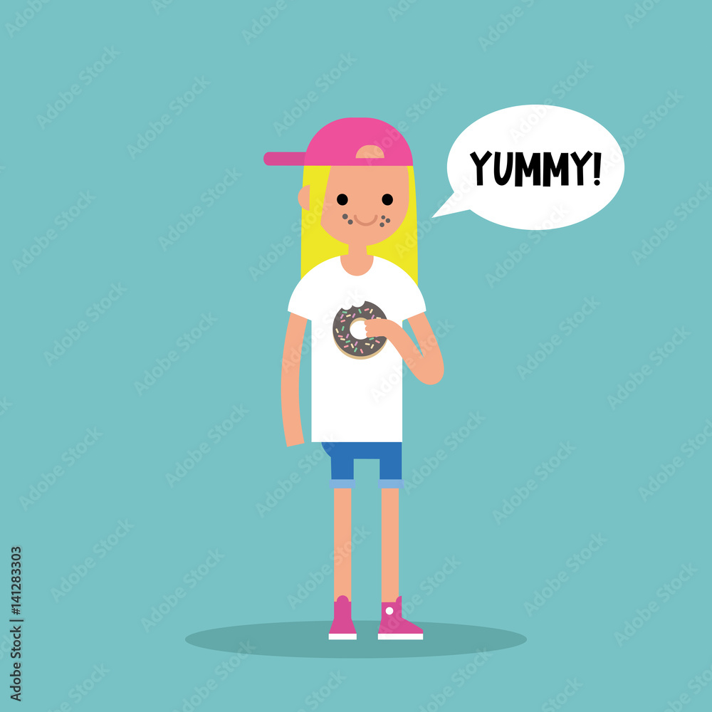 Young blond girl chewing chocolate donut / flat editable vector illustration Young blond girl chewing chocolate donut / flat editable vector illustration