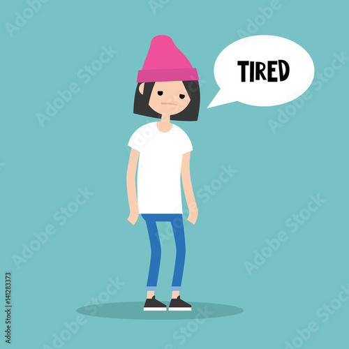 Young exhausted brunette girl. Sad tired character/ flat editable vector illustration