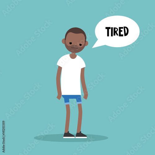 Young exhausted black man. Sad tired character/ flat editable vector illustration