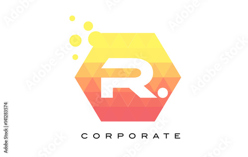 R Orange Hexagon Shaped Letter Logo with Bubbles.