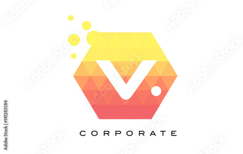 V Orange Hexagon Shaped Letter Logo with Bubbles.