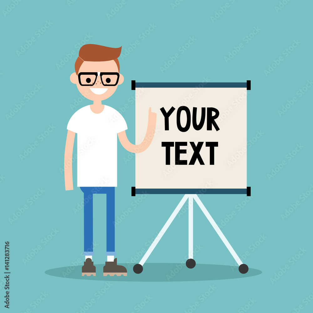 Young nerd pointing on the flip chart. Your text here / flat editable vector illustration Young nerd pointing on the flip chart. Your text here / flat editable vector illustration