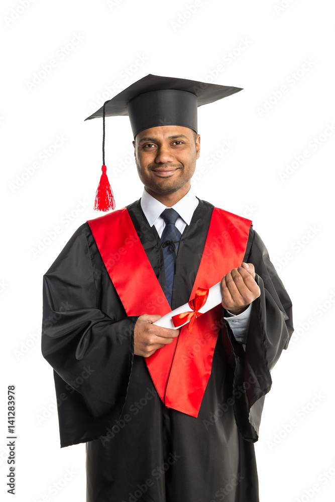 Male african american graduate in gown and cap Male african american graduate in gown and cap
