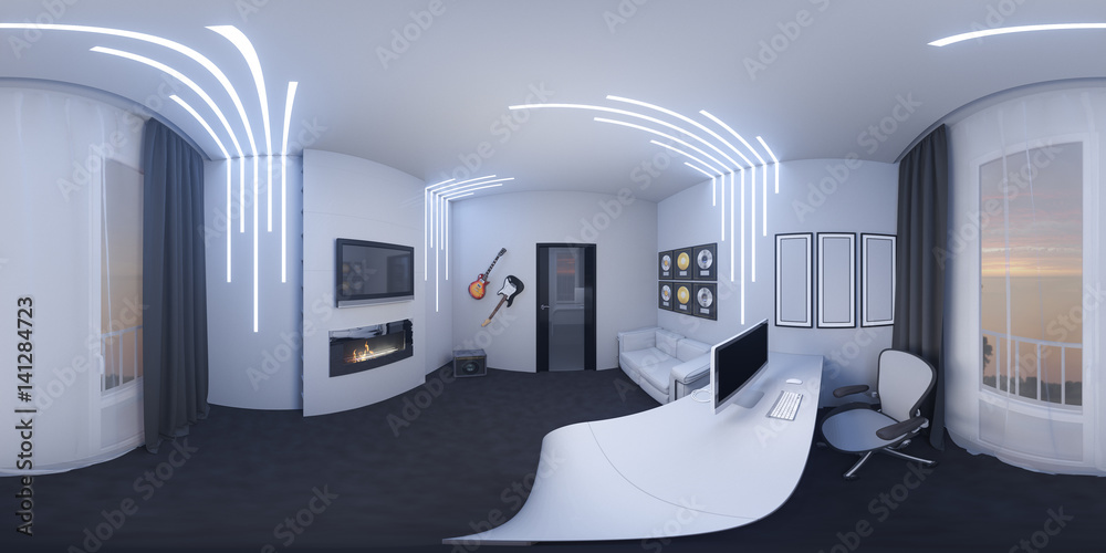 d illustration of interior design of a home office in a space