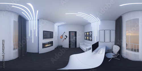 3d illustration of interior design of a home office in a space style. Render is executed, 360 degree spherical seamless panorama for virtual reality. Cabinet musician.