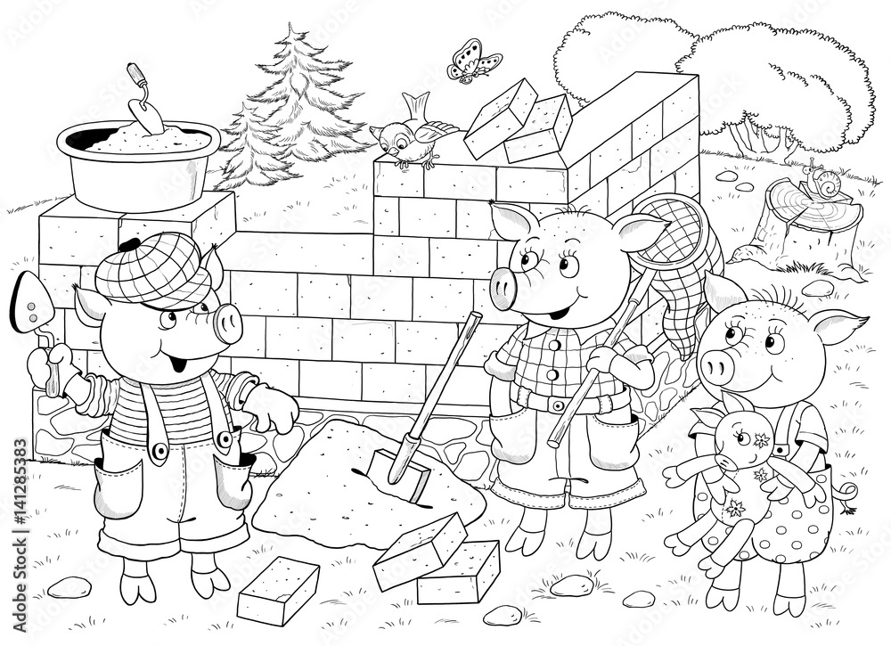 Three little pigs. Fairy tale. Illustration for children. Cute and funny cartoon characters