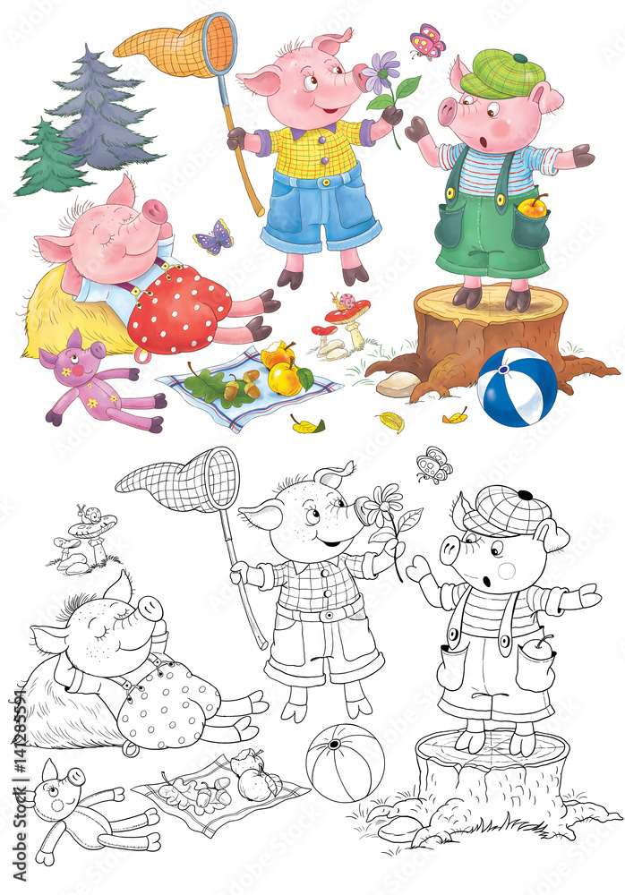 Three little pigs. Fairy tale. Illustration for children. Cute and funny cartoon characters
