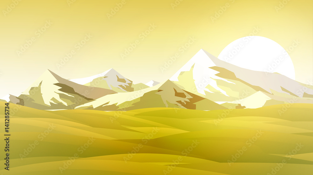 Rural Summer Meadow Landscape with Mountains  - Vector Illustration