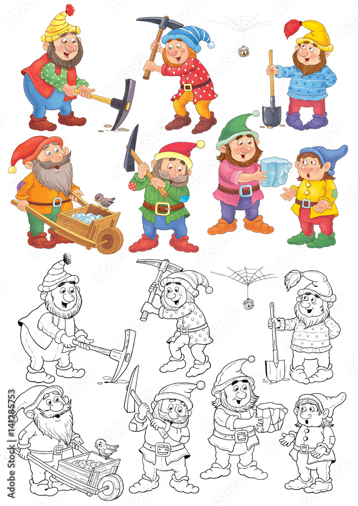 Snow White and the seven dwarfs. Coloring page. Fairy tale. Illustration for children. Cute and funny cartoon characters