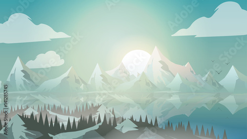 Abstract  Mountains with Lake and Pine Forest - Vector Illustration.