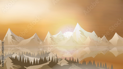 Abstract  Mountains with Lake and Pine Forest - Vector Illustration.