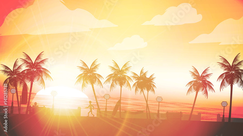 Beach Sunset Walkway with Man Sitting in the Foreground and Palm Trees - Vector Illustration
