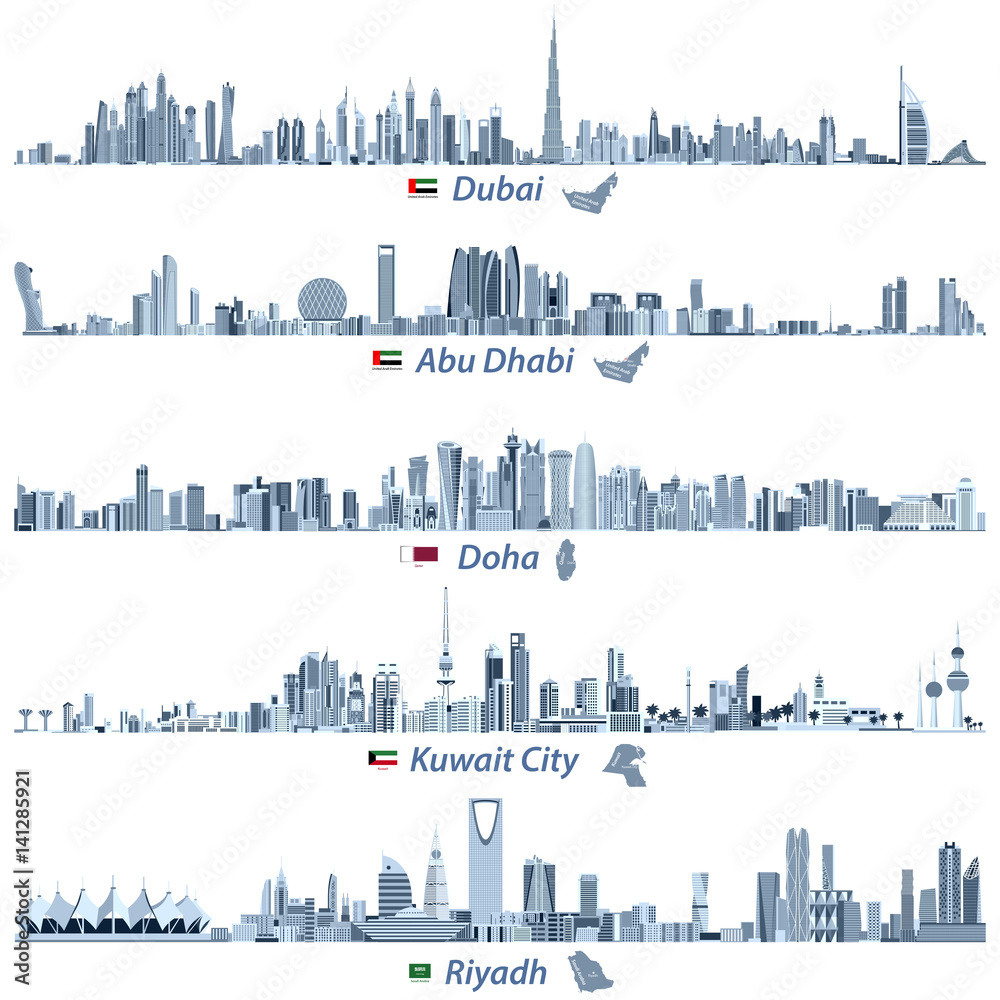 Fototapeta premium ilustracje wektorowe Dubaju, Abu Zabi, Doha, Rijadu i Kuwejtu na tle nieba w odcieniach niebieskiej palety kolorów z flagami i mapami Zjednoczonych Emiratów Arabskich, Kataru, Kuwejtu i Arabii Saudyjskiej