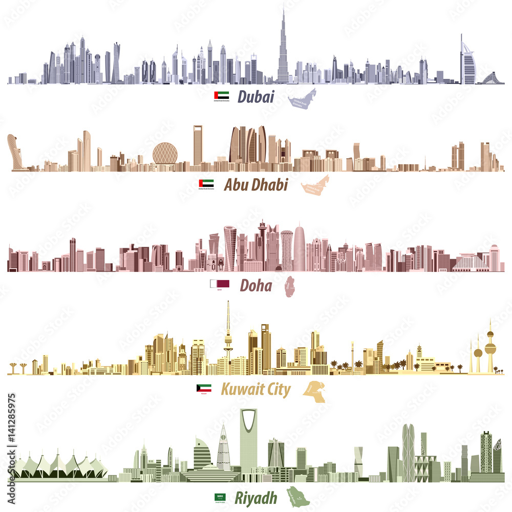 vector illustrations of Dubai, Abu Dhabi, Doha, Riyadh and Kuwait city skylines in different bright color palettes with flags and maps of United Arab Emirates, Qatar, Kuwait and Saudi Arabia