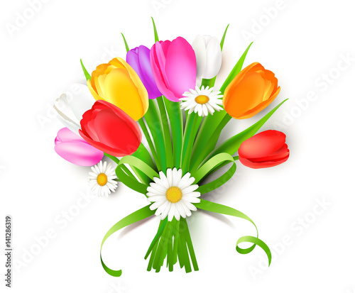 Fototapeta Naklejka Na Ścianę i Meble -  Bunter Blumenstrauß mit Tulpen, Margeriten und Schleifenband