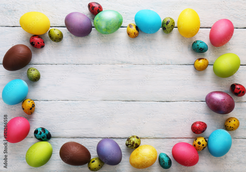 Multicolored Background with eggs. Top view