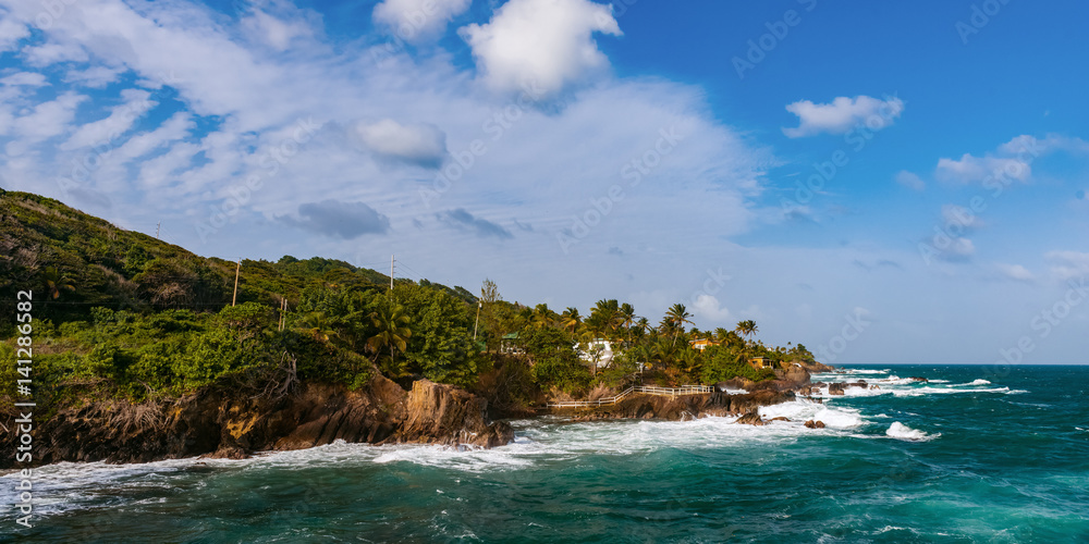 Toco Trinidad and Tobago West Indies rough sea beach panorama Toco Trinidad and Tobago West Indies rough sea beach panorama
