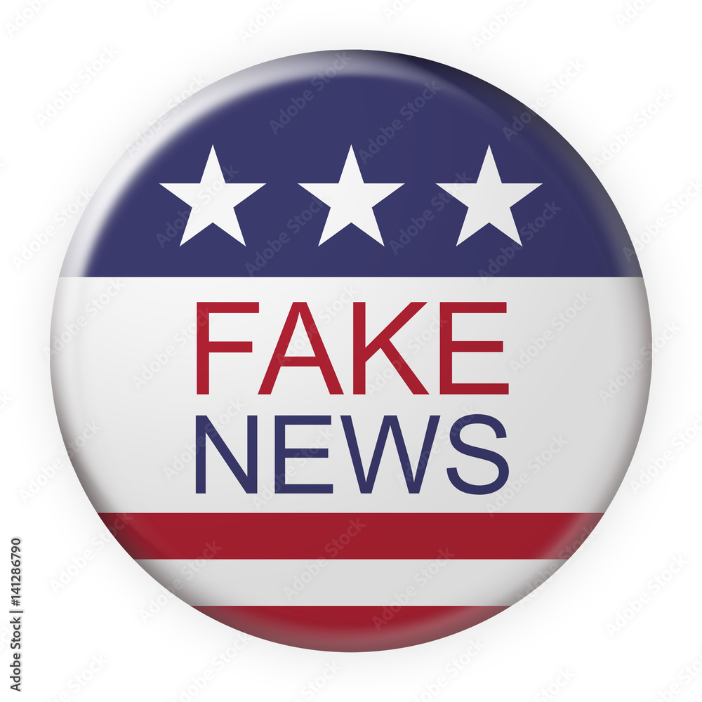 USA Media Concept Badge: Fake News Button With US Flag, 3d illustration on white background
