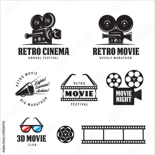Retro cinema labels set. Vector vintage illustration.