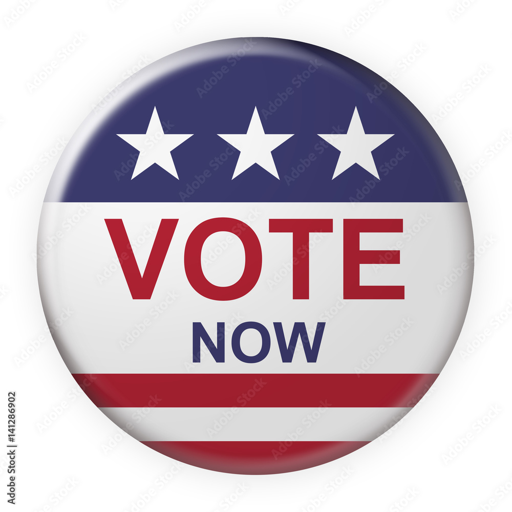USA Election Concept Badge: Vote Now Button With US Flag, 3d illustration on white background USA Election Concept Badge: Vote Now Button With US Flag, 3d illustration on white background