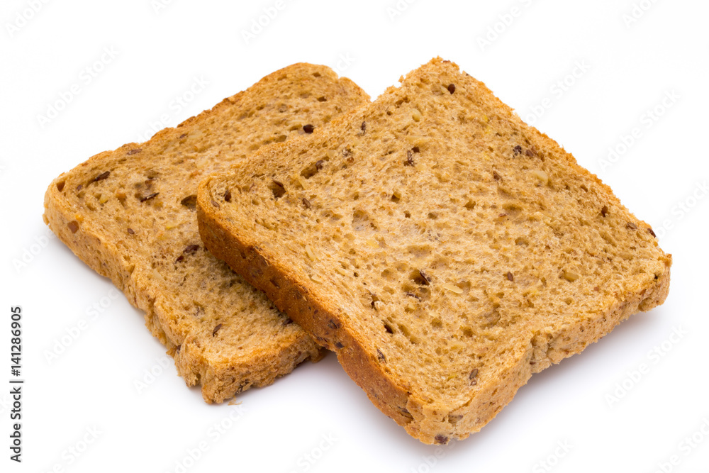 Rye bread slice on a white background.