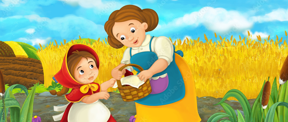 cartoon happy farm scene with daughter and mother on the farm field cartoon happy farm scene with daughter and mother on the farm field