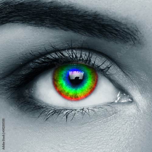 Female eye with rainbow colors in the iris