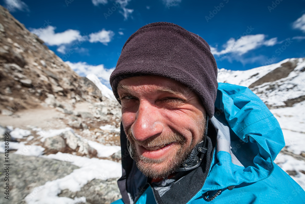 Trekkersmiles at camera closeup in Khumbu valley on a way to Everest Base camp Trekkersmiles at camera closeup in Khumbu valley on a way to Everest Base camp