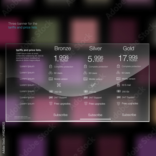 Three banner for the clouded sky service. Price list, hosting plans and web boxes banners design. Tariffs and price lists. Web elements. Plan hosting. Vector design for web app.