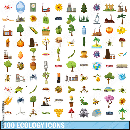 100 ecology icons set, cartoon style