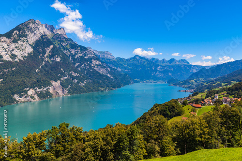 Panorama view Walensee lake and the Alps