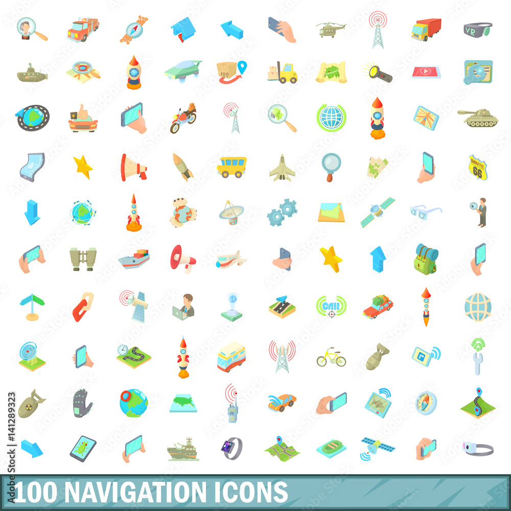 100 navigation icons set, cartoon style