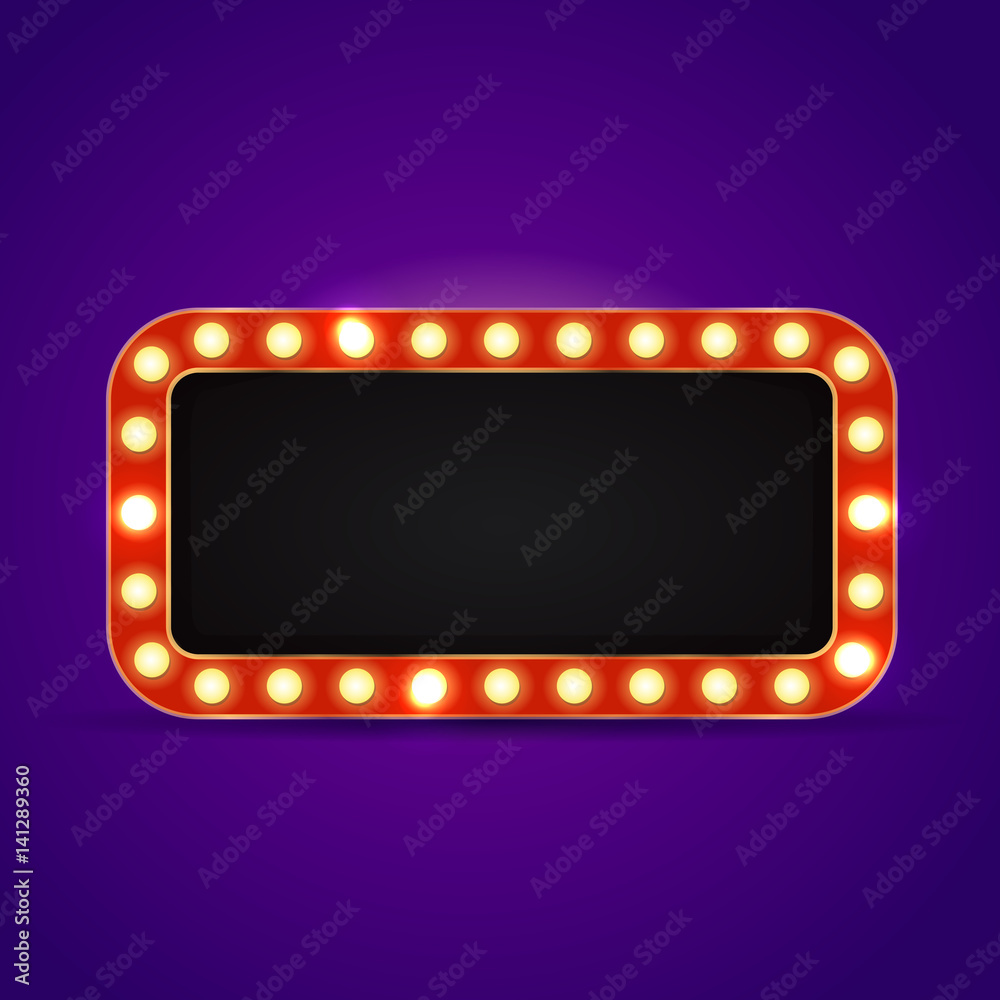 Vector realistic retro neon billboard on the purple background. Template for vintage decoration and signboard.
