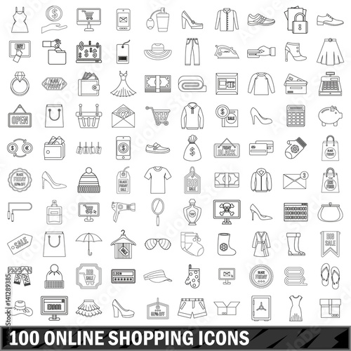 100 online shopping icons set, outline style