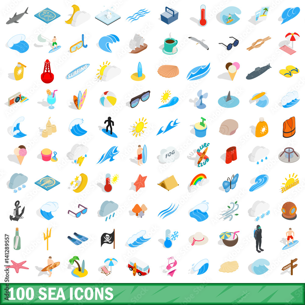 100 sea icons set, isometric 3d style