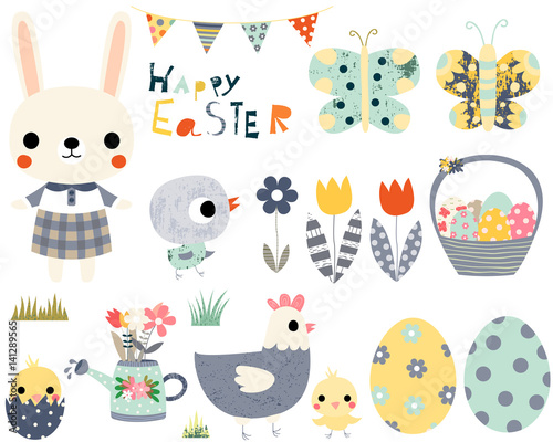 Happy Easter fun vector set with cute animals - bunny, peeps and butterflies for greeting cards, invitations and kids projects.
