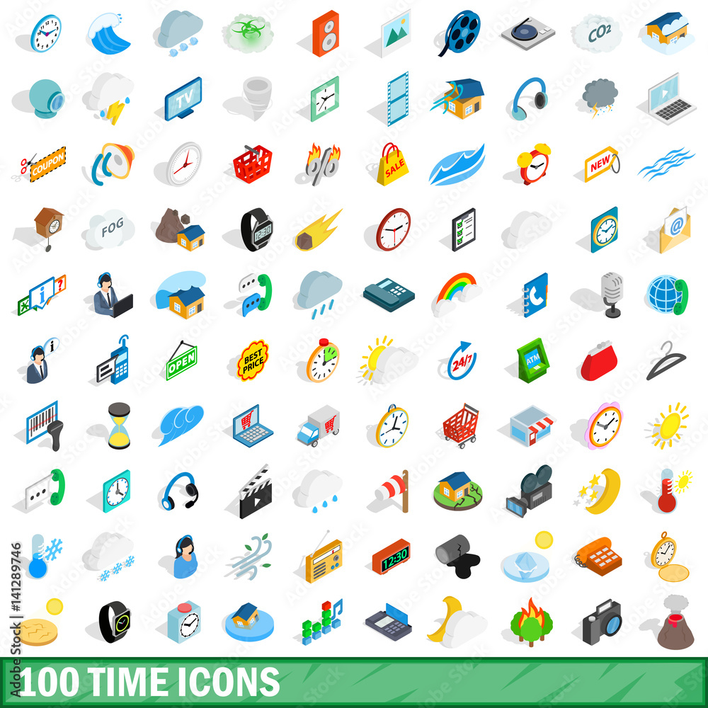 100 time icons set, isometric 3d style