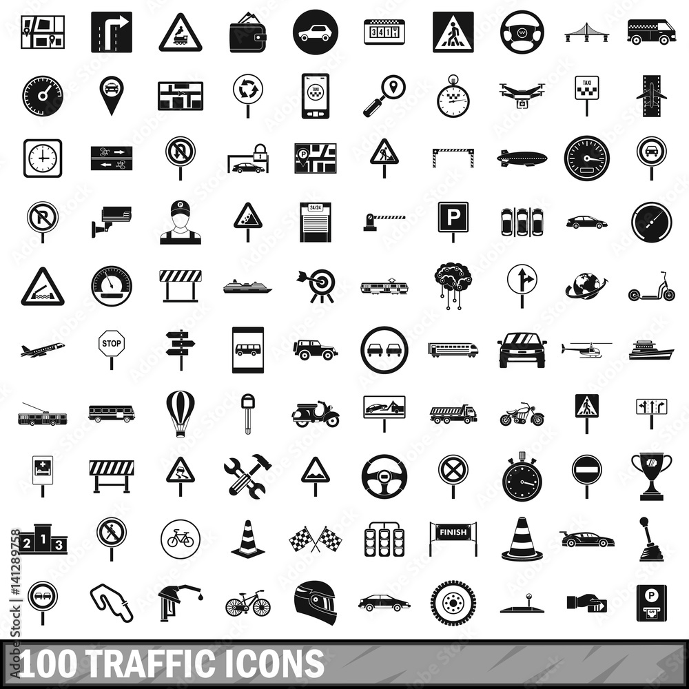 100 traffic icons set, simple style 