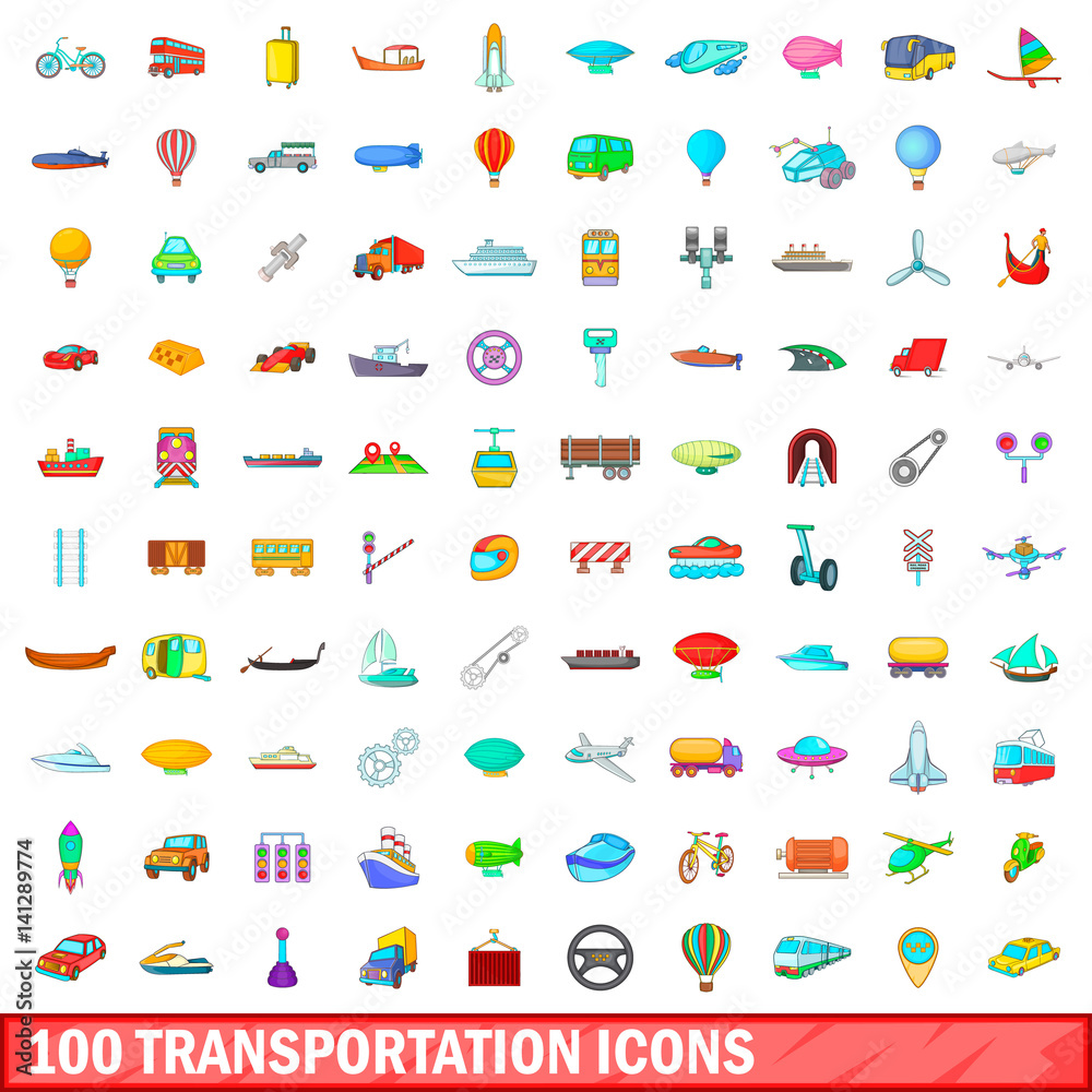 100 transportation icons set, cartoon style 100 transportation icons set, cartoon style