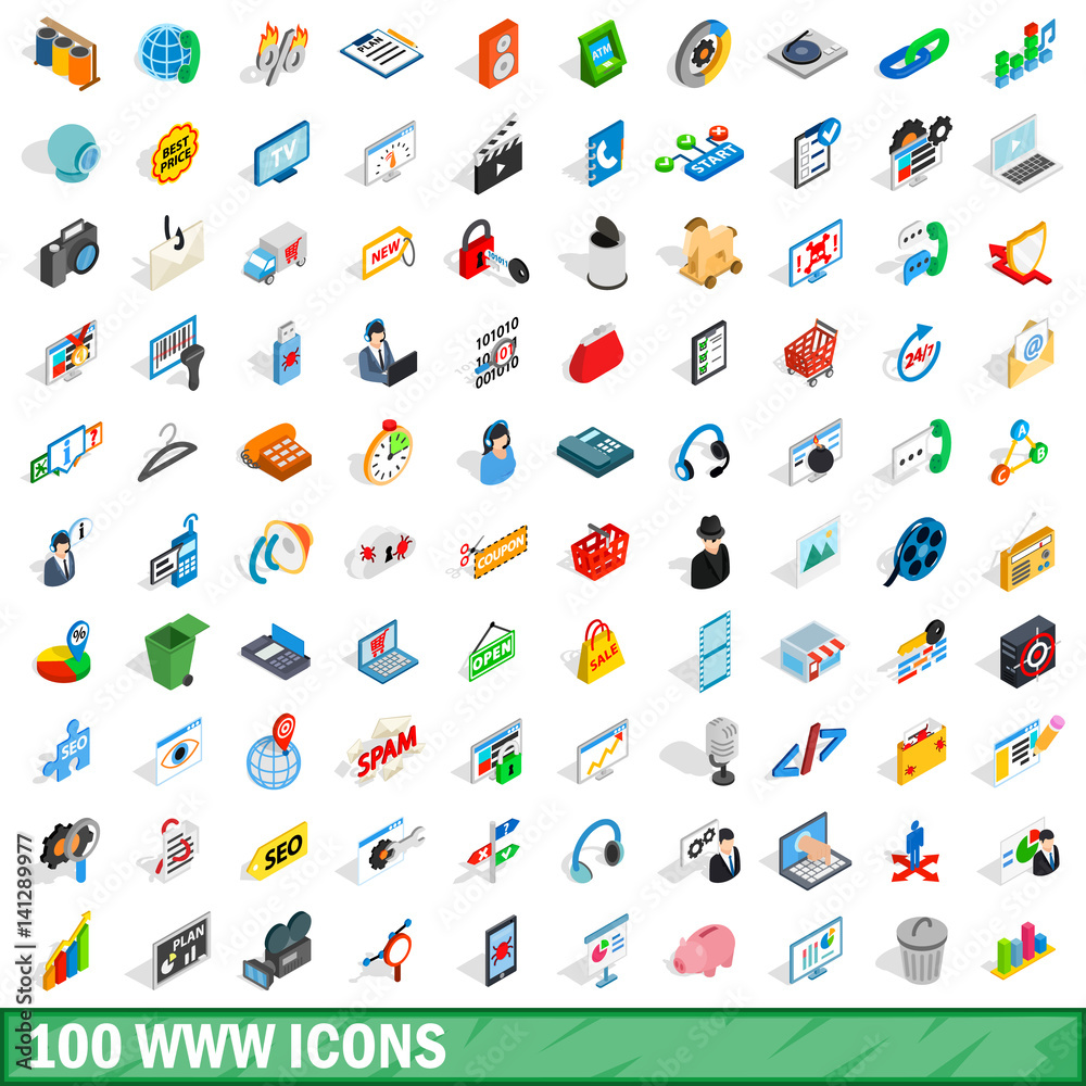 100 www icons set, isometric 3d style 100 www icons set, isometric 3d style