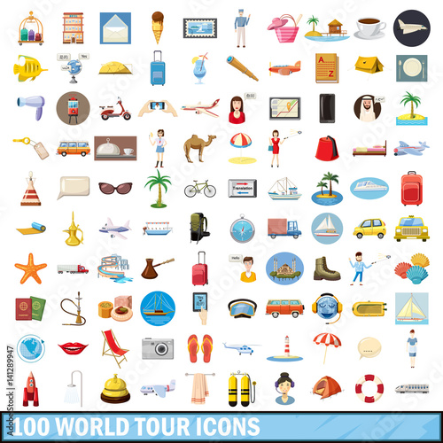 100 world tour icons set, cartoon style