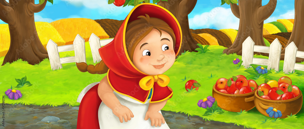 Fototapeta premium cartoon happy farm scene with young girl near the orchard beautiful day