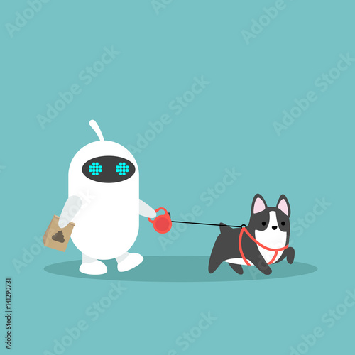 White domestic robot walking the dog / flat editable vector illustration