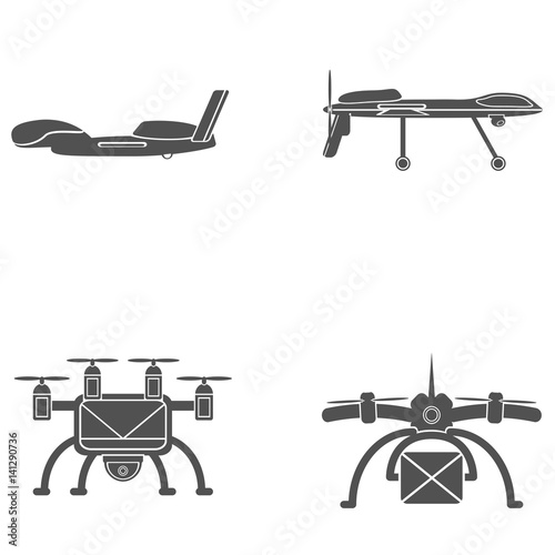 Collection of isolated gray icon of drone silhouette on the white background.