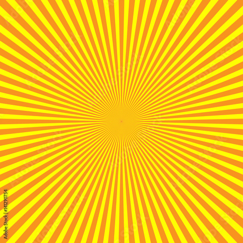 Yellow-orange rays of light in radial arrangement. Sunshine beams theme. Abstract background pattern. Vector illustration.