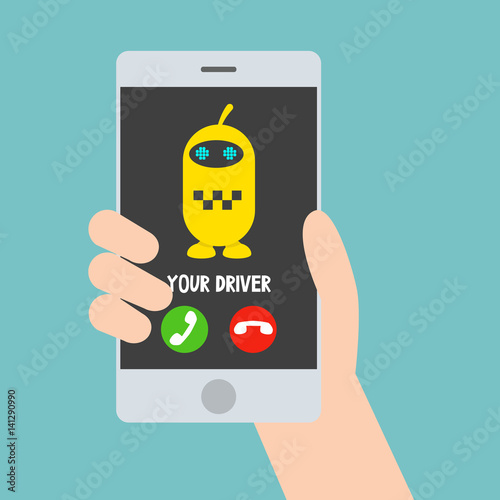 Self-driving car concept. Incoming call from a taxi driver robot / flat editable vector illustration