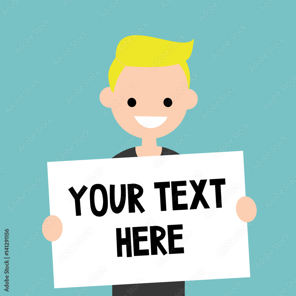 Your text here. Young blond boy holding a sheet of paper / editable flat vector illustration, clip art. Your text here. Young blond boy holding a sheet of paper / editable flat vector illustration, clip art.