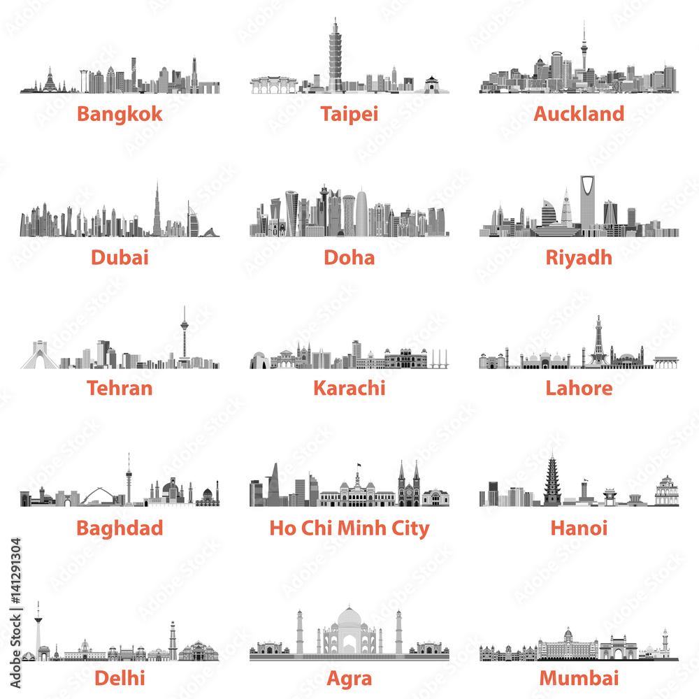 vector set of asian city skylines in grey scales color palette
