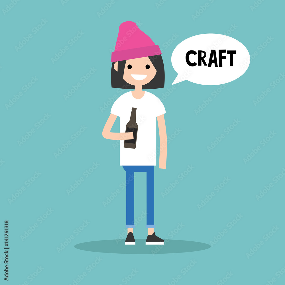 Young girl holding a bottle of craft beer / editable flat illustration, clip art