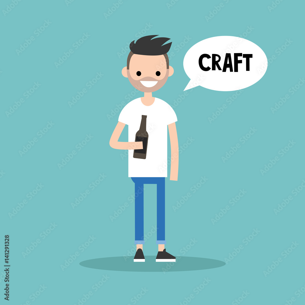Young bearded man holding a bottle of craft beer / editable flat illustration, clip art Young bearded man holding a bottle of craft beer / editable flat illustration, clip art